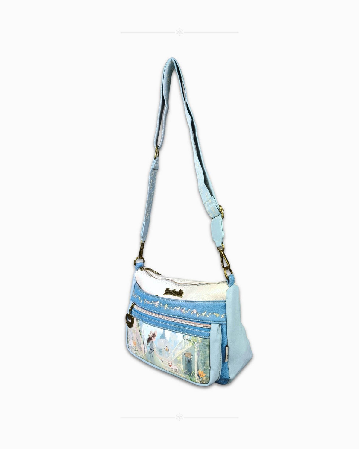 Ежедневна чанта през рамо Sweet Candy Синьо пътешествие – страничен профил, дълбочина 13.5 см с основна преграда с цип и външни джобове отпред и отзад
