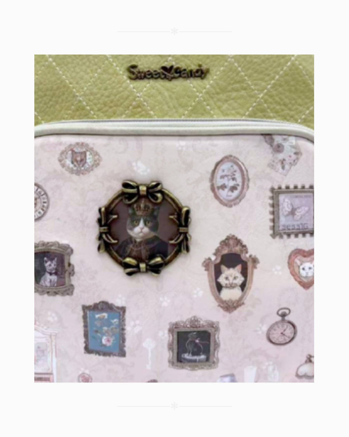 Дамска раница Sweet Candy Маслинова рамка – детайлна снимка на декоративните рамки отпред и металния цип
