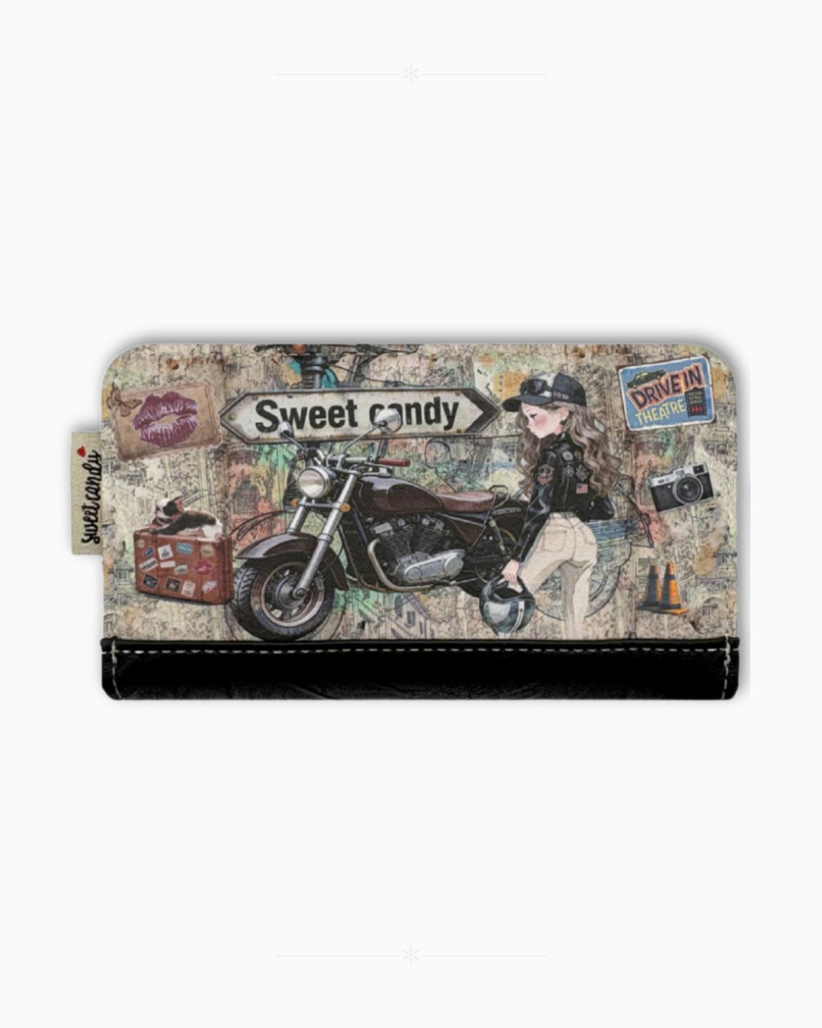 Компактно дамско портмоне Sweet Candy „Черно приключение“ с принт на момиче и мотор и черен долен панел
