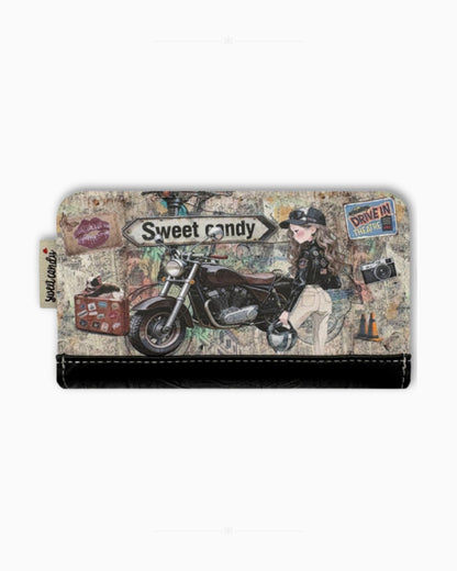Компактно дамско портмоне Sweet Candy „Черно приключение“ с принт на момиче и мотор и черен долен панел
