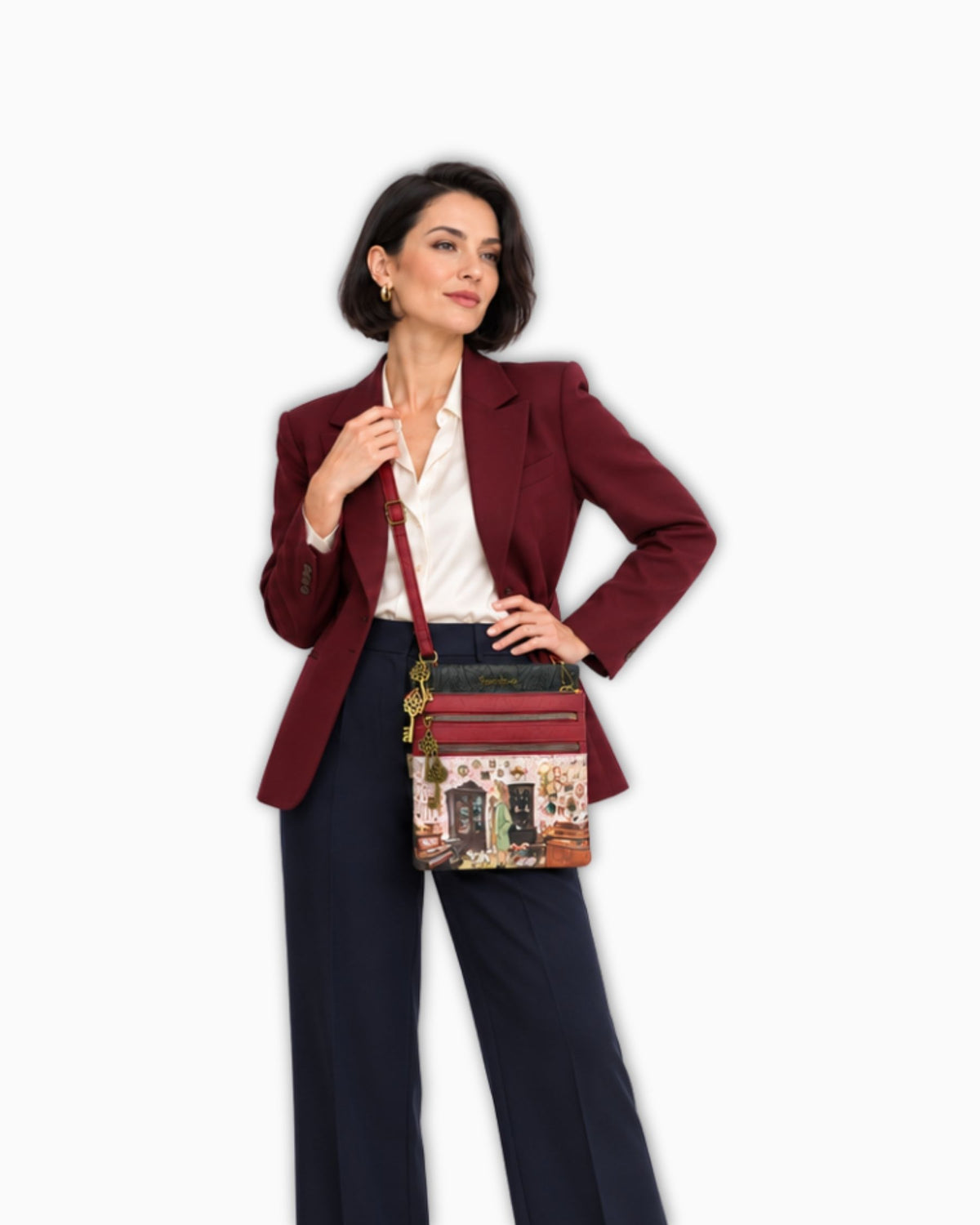 Чанта Sweet Candy „Рубинени съкровища“, носена напречно на тялото, с тънка червена дръжка и принт на антикварен магазин
